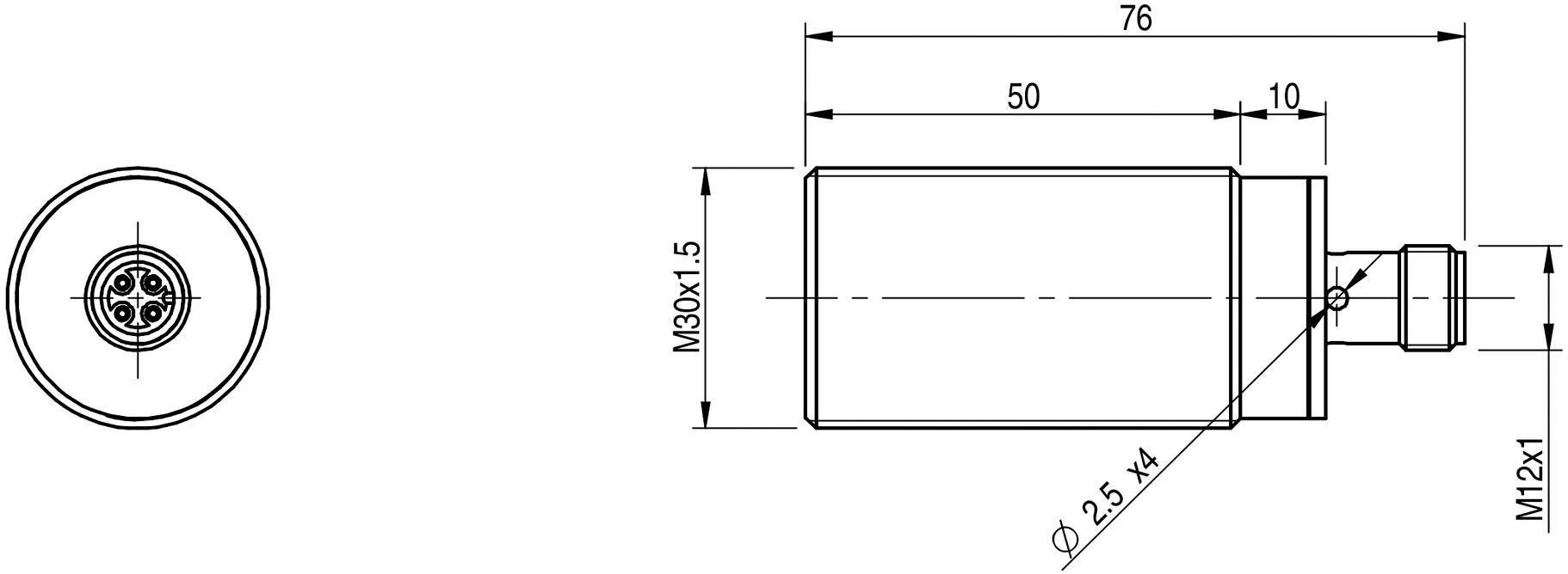 Technický výkres valcovitej súčiastky s rozmermi a označeniami závitu. Bočný pohľad zobrazuje dĺžky 76 mm a 50 mm. Pohľad zhora vľavo.