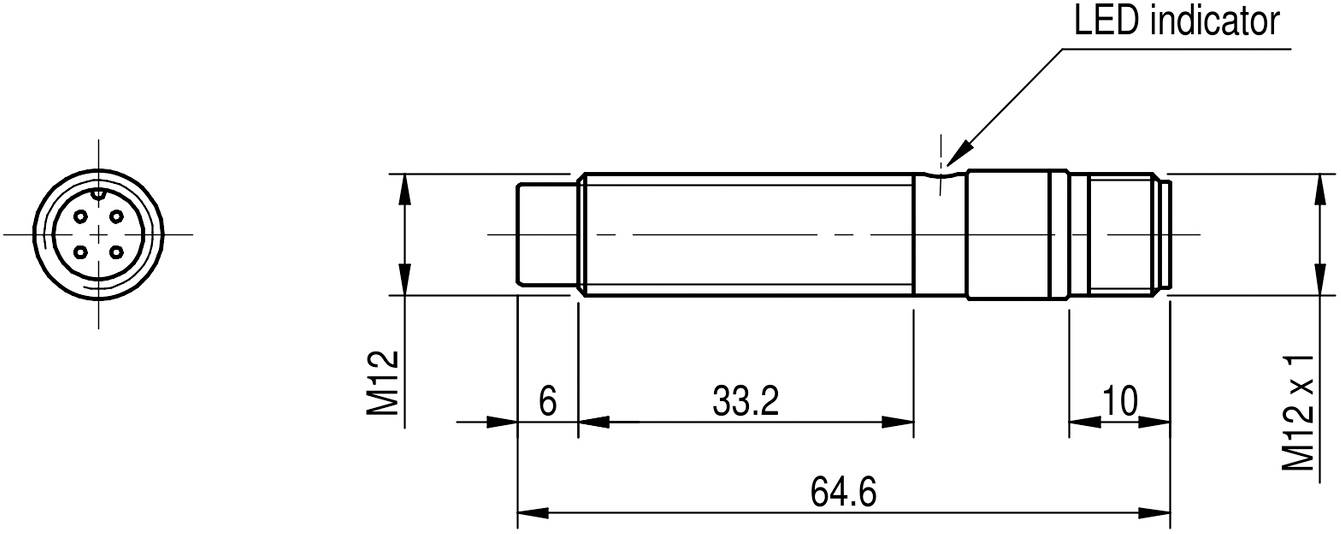 Technický výkres M12 konektora s rozmermi. LED indikátor je vyznačený. Rozmery: 64,6 mm dĺžka, M12x1 závit.