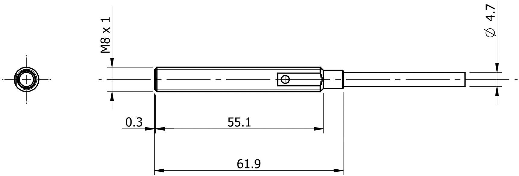 Technický výkres valcového snímača s rozmermi: dĺžka 61,9 mm, šírka 4,7 mm, závit M8 x 1.