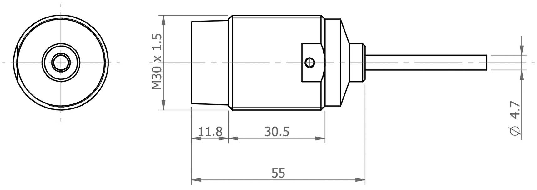 Technický výkres valcového objektu s rozmermi. Pohľad zhora a z boku zobrazuje závit M30 a celkovú dĺžku 55 mm.