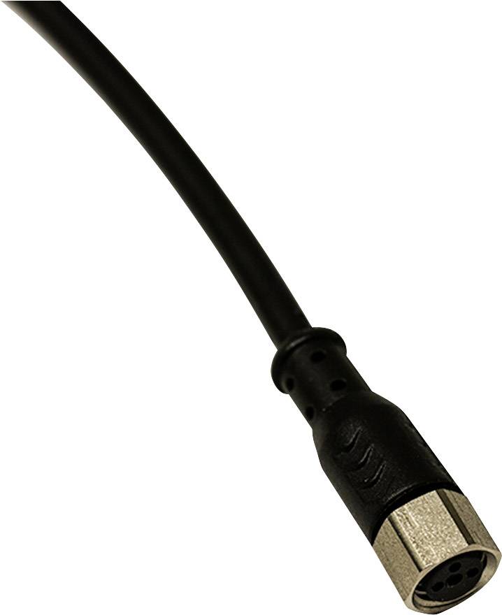 Čierny kábel s guľatým kovovým konektorom na jednom konci, pravdepodobne vhodný pre elektronické pripojenia.