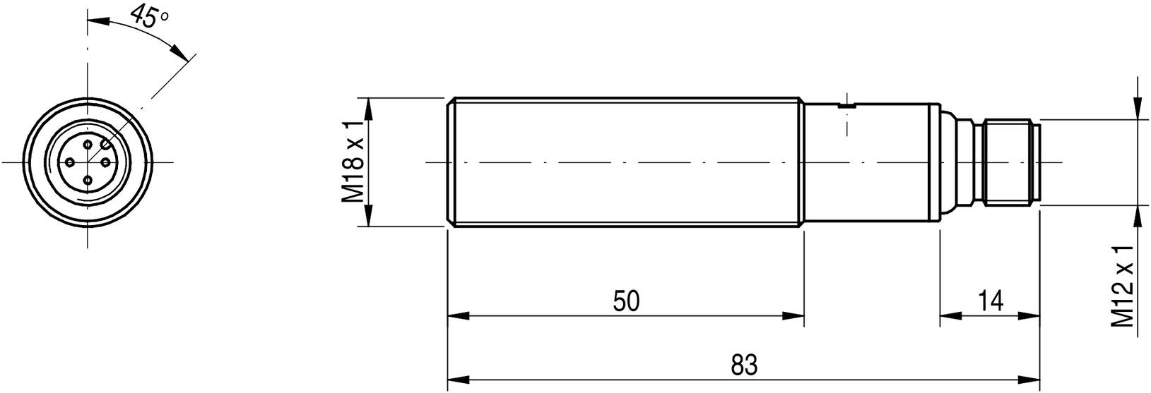 Priemyselný diagram valcového snímača s rozmermi: dĺžka 83 mm, dve sekčné dĺžky 50 mm a 14 mm. Závit M18 x 1.
