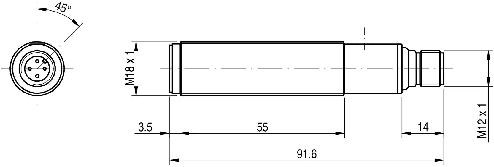 Technický výkres valcovitej súčiastky s rozmermi: celková dĺžka 91,6 mm, závit M18 x 1 a M12 x 1 na koncoch.