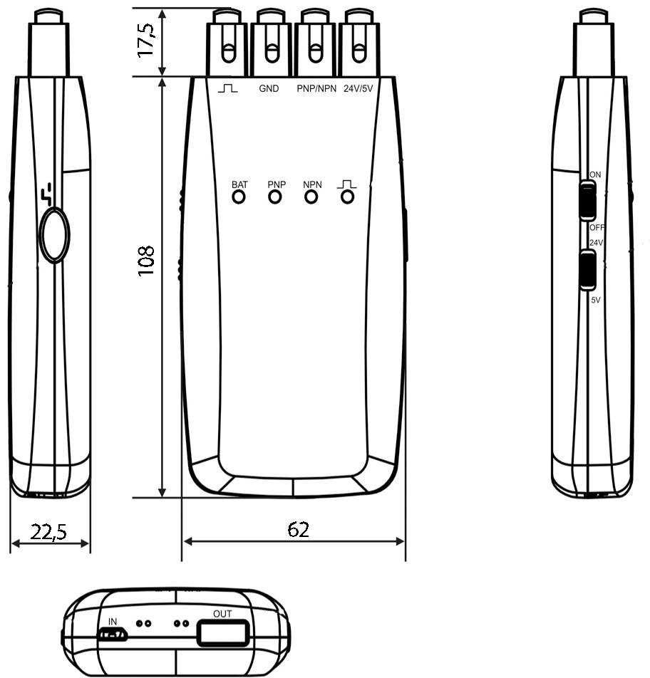 Technický výkres elektronického zariadenia s tlačidlami a prípojkami, rozmery: výška 175 mm, šírka 62 mm, hĺbka 22,5 mm.
