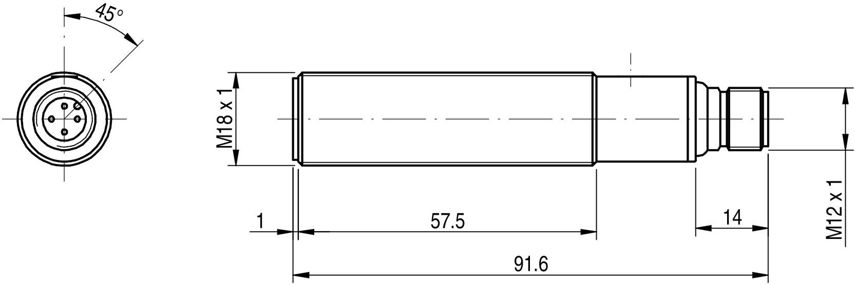 Technický výkres valcového snímača so závitovými prípojkami M18 x 1 a M12 x 1, celková dĺžka 91,6 mm.