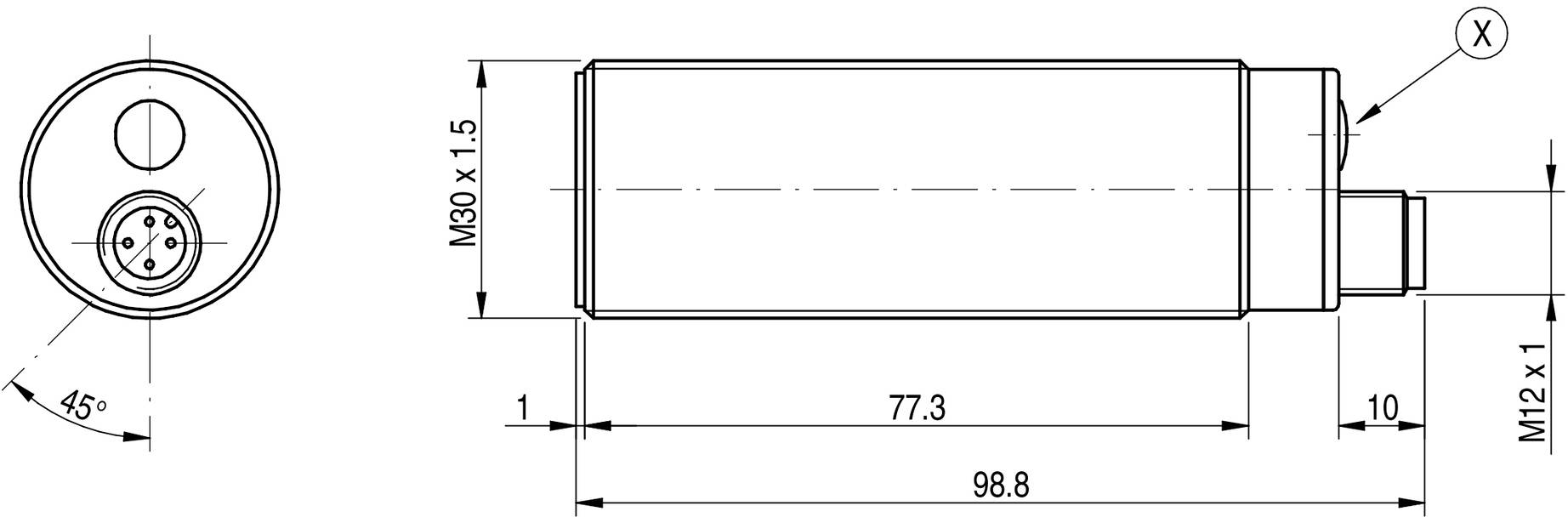 Technický výkres valcovitej súčiastky s rozmermi: dĺžka 98,8 mm, priemer M30 x 1,5 a poznámka 'M12 x 1'.