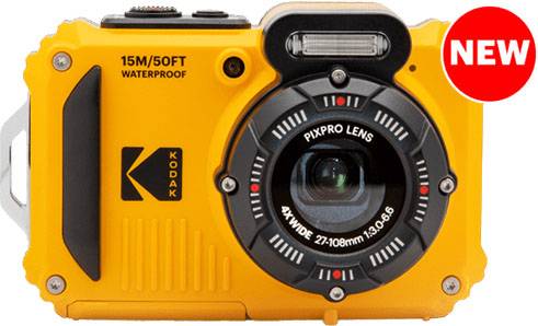 Vodotesný žltý fotoaparát s logom 'Kodak', značkou vodotesnosti 15M/50FT a červeným symbolom 'NOVÝ' v pravom hornom rohu.