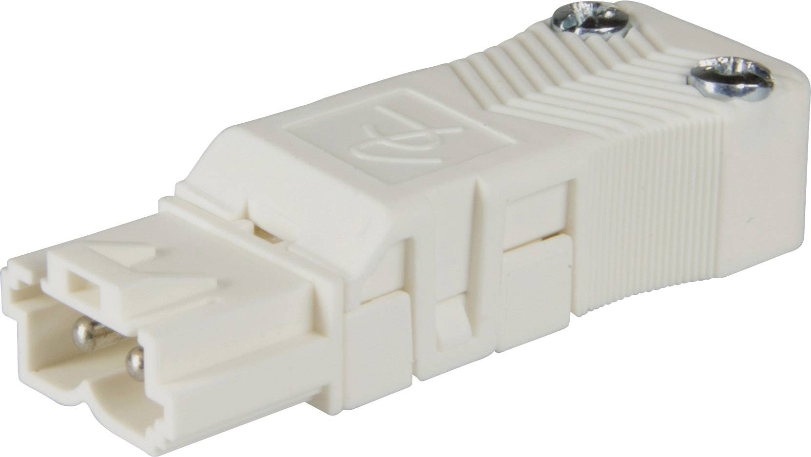 Biela elektrická zásuvka s dvoma skrutkami na hornej strane. Má rebrovaný dizajn pre lepšie uchytenie.