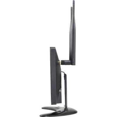 Pohľad zboku na čierny monitor s dvoma veľkými anténami smerujúcimi nahor. Monitor je umiestnený na štíhlom, zakrivenom stojane.