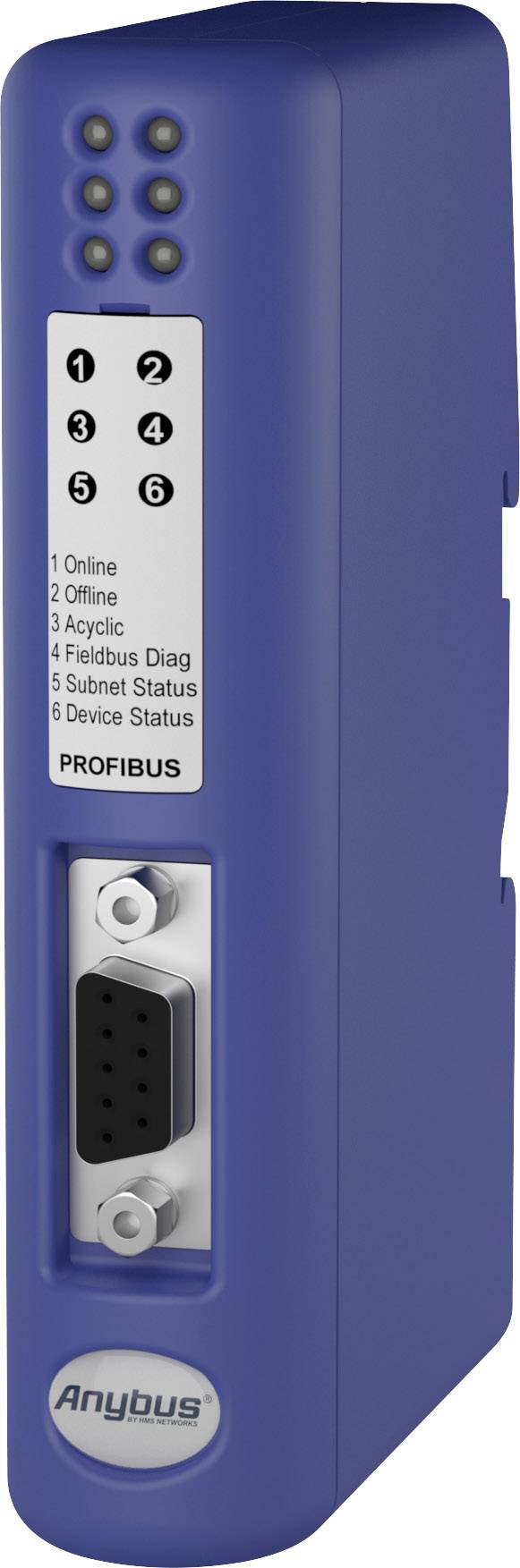 Modrý komunikačný modul PROFIBUS s LED indikátormi a konektormi. Poskytuje stavové informácie pre priemyselné siete.