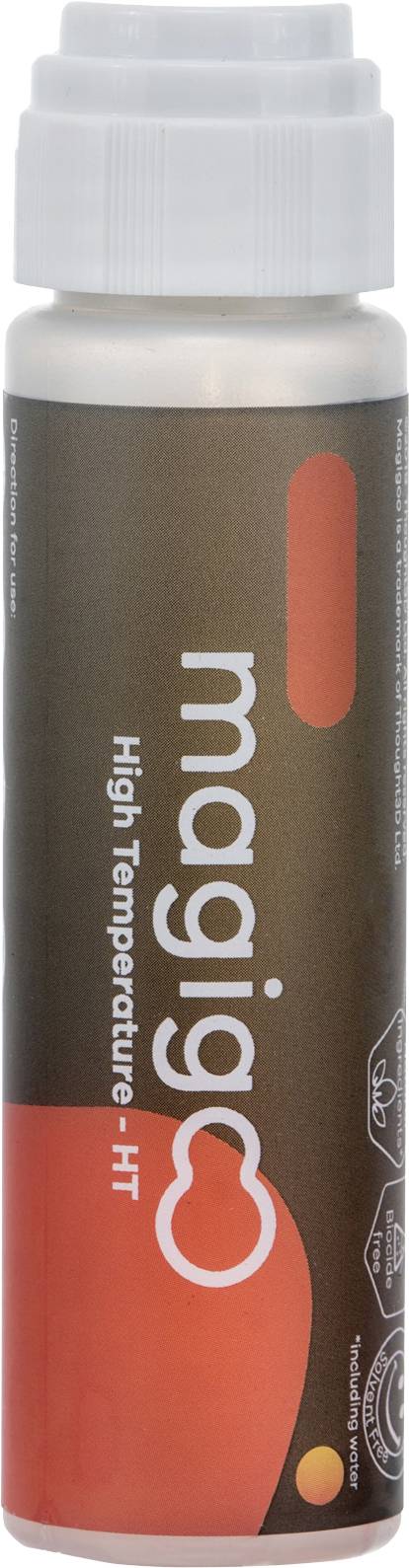 Malá fľaša s hnedo-červenou etiketou s nápisom 'magico High Temperature HT'.