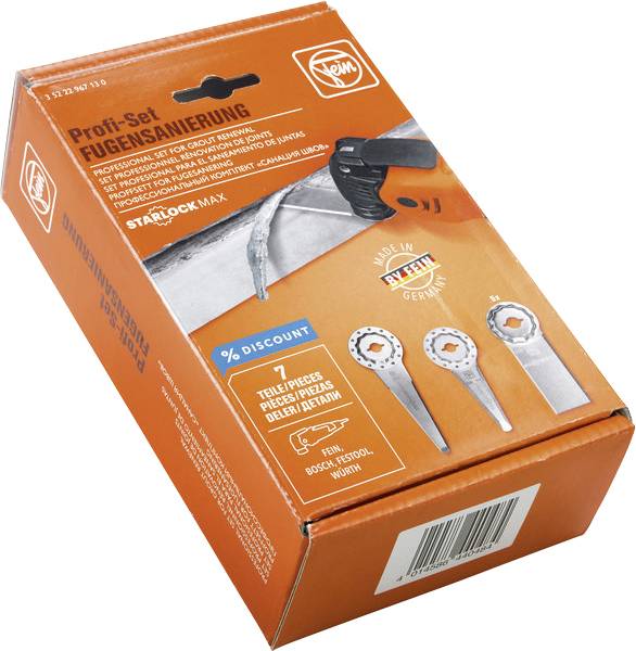 Sada profesionálnych nástrojov 'Profi-Set Fugensanierung' od značky Fein zahŕňa jeden nástroj a tri čepele na úpravu škár. Obsahuje 1 časť so zľavou 15%.