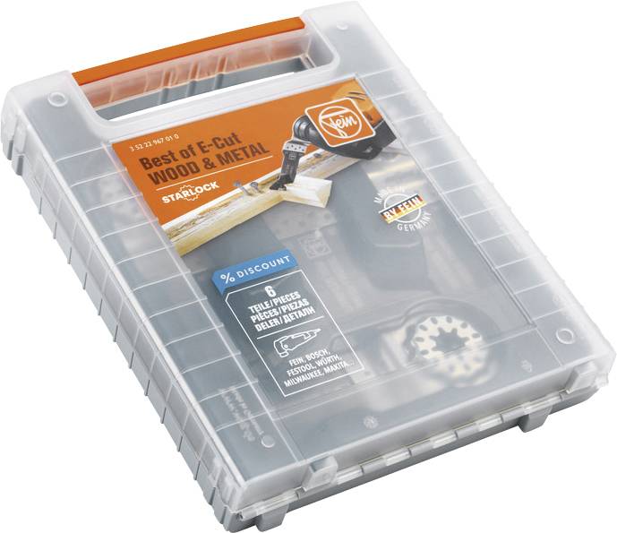 Sada nástrojov s nápisom 'Best of E-Cut Wood & Metal', obsahujúca rôzne pílové listy na prácu s drevom a kovom.
