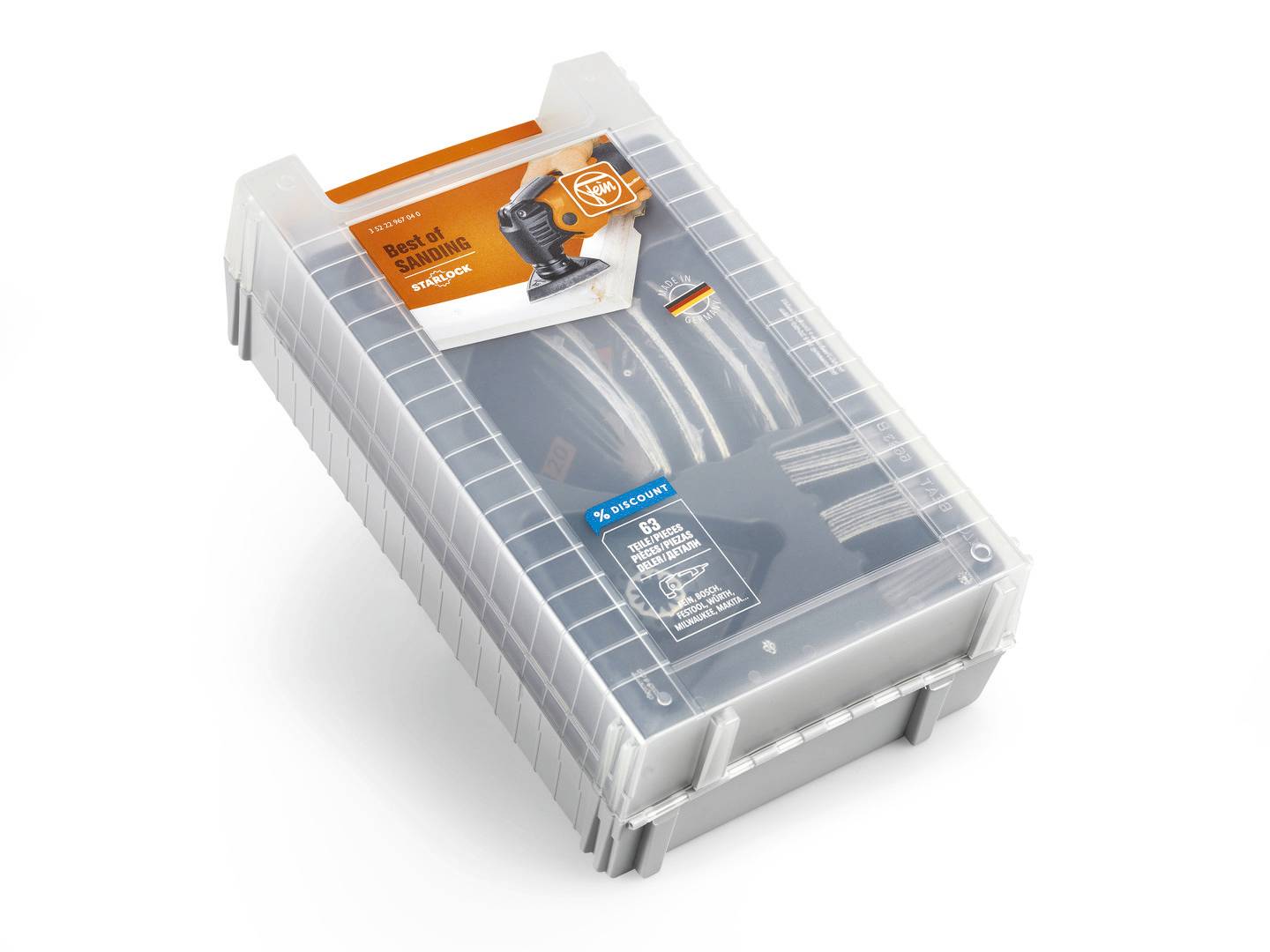 Priehľadný plastový box s oranžovou etiketou, na ktorej je zobrazené pneumatické náradie. Box obsahuje niekoľko káblov a príslušenstva.