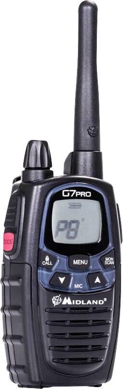Prenosná rádiová stanica s anténou. Zobrazuje číslo kanálu 'PG' na digitálnom displeji. Označenia: 'Midland', 'G7 Pro'.