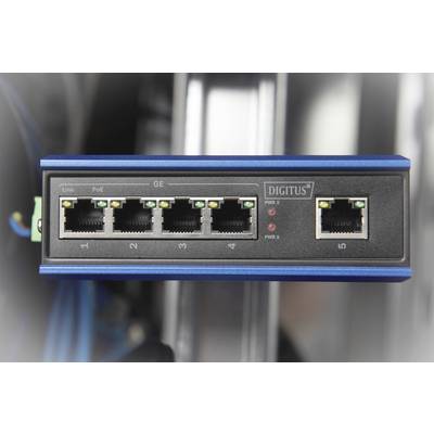 Sieťový prepínač s piatimi ethernetovými portami, jeden z nich podporuje napájanie cez Ethernet (PoE). Tri LED diódy signalizujú stav pripojenia.