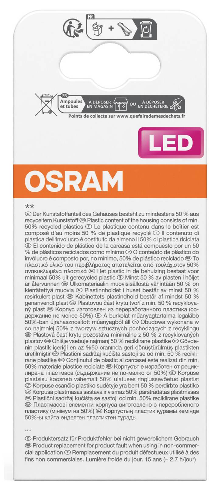 OSRAM LED žiarovka balenie s recyklačnými a likvidačnými symbolmi, zobrazujúca viacjazyčné informácie o produkte a trvalo udržateľnosti.