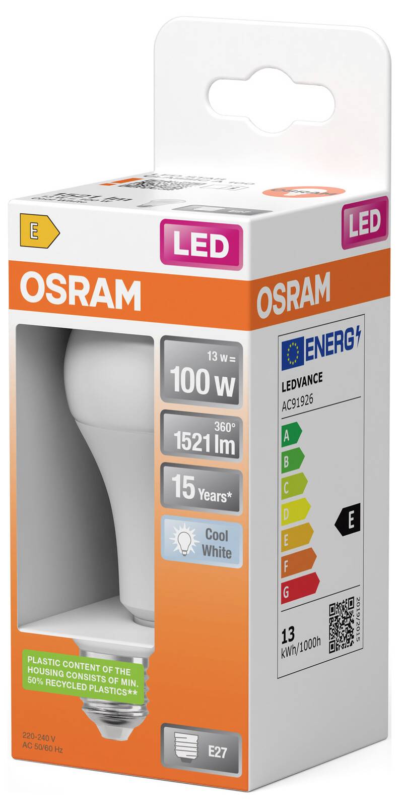 OSRAM LED žiarovka maloobchodná krabica, zobrazujúca ekvivalent 100W, 1521 lm, chladná biela, pätica E27 a energetický rating E.
