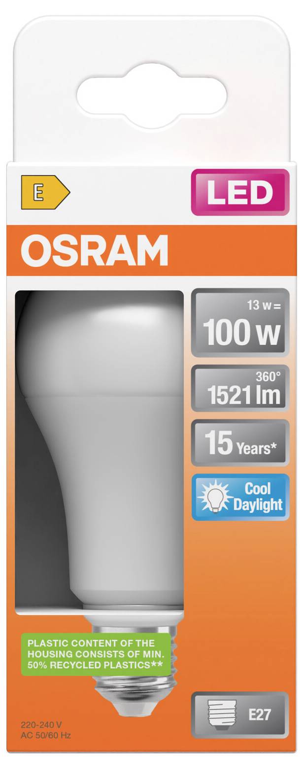 Balenie žiarovky OSRAM LED označené „100 W", „1521 lm", „15 rokov", „Cool Daylight", pätica E27.