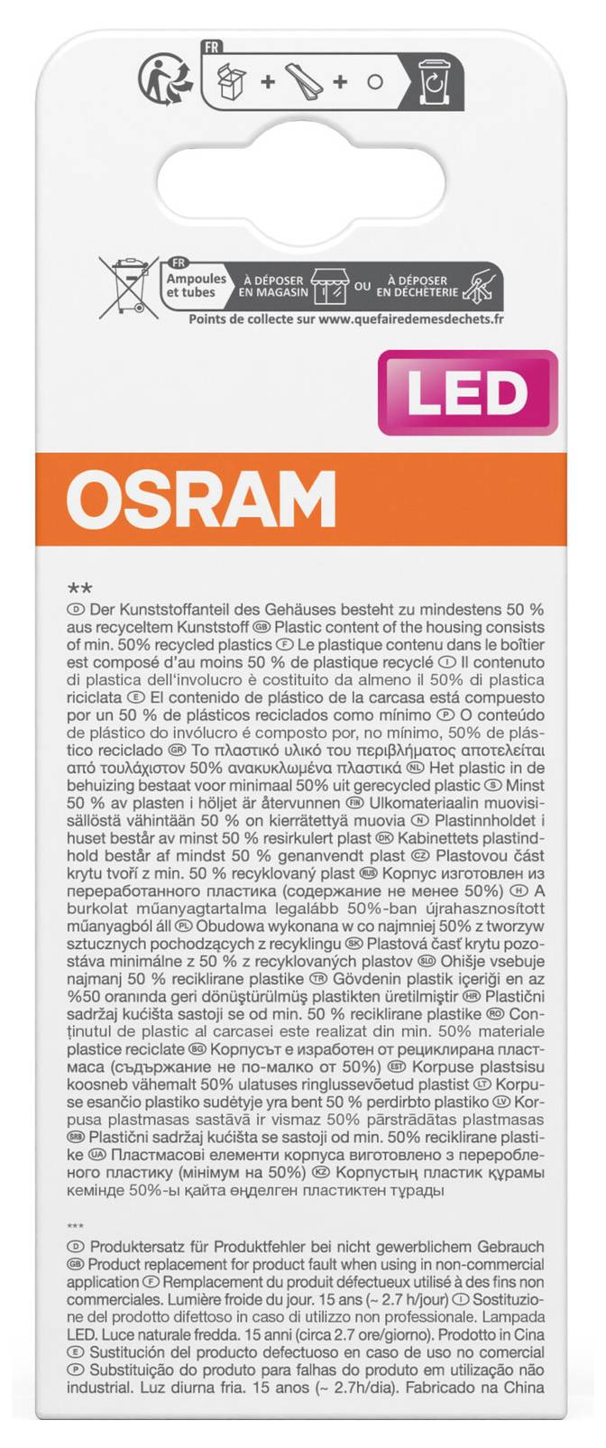 OSRAM LED žiarovka v balení s bielou nálepkou, oranžovým značkovým pásom, veľkým ružovým logom „LED" a podrobnosťami o produkte vo viacerých jazykoch.