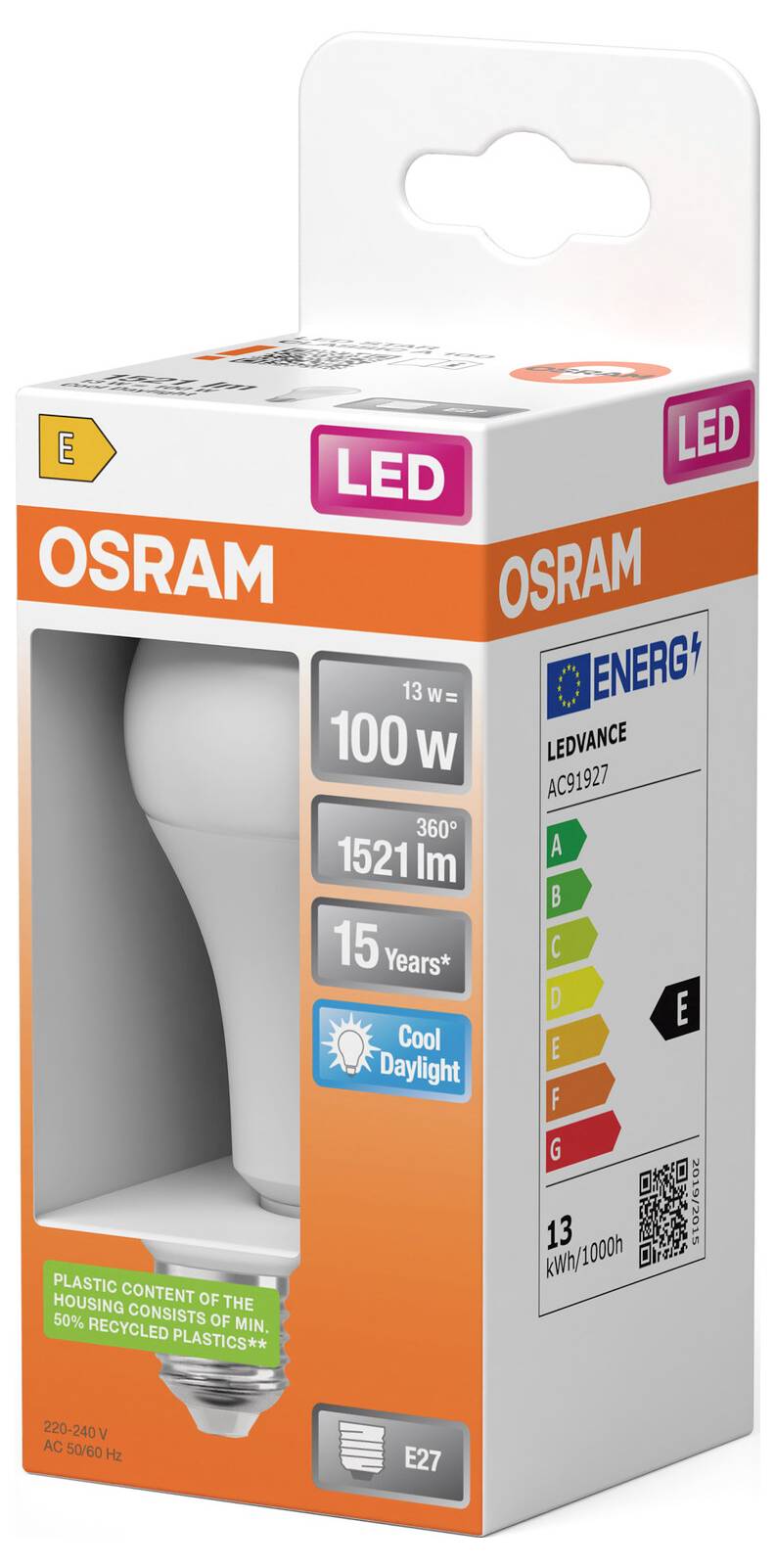Krabička žiarovky OSRAM LEDVANCE LED s výkonom ekvivalentným 100W, 1521 lm, studené denné svetlo, životnosť 15 rokov, pätica E27 a energetická trieda E.