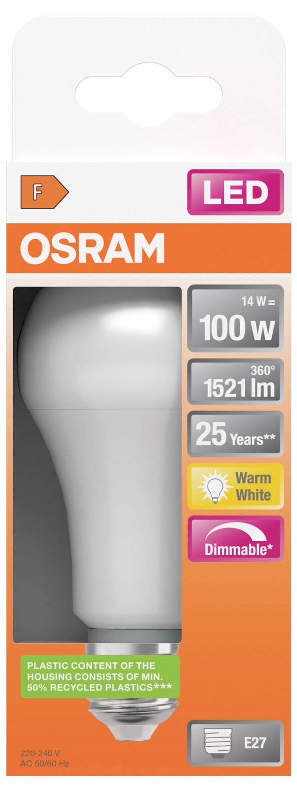 Balenie žiarovky OSRAM LED s výkonom 14 W, ekvivalentom 100 W, 1521 lm teplej bielej farby, stmievateľnej žiarovky so závitom E27 a energetickou triedou F.