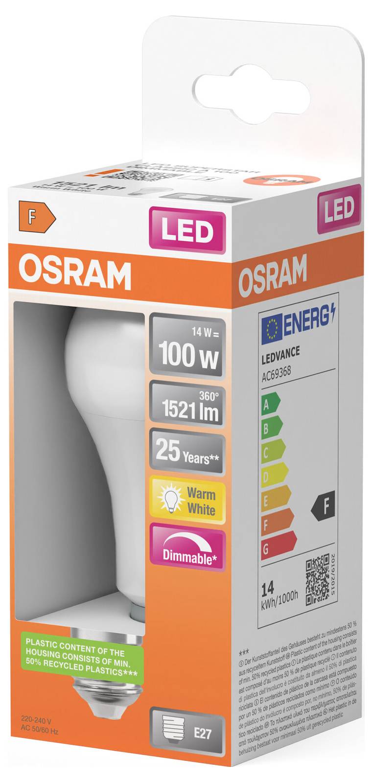 Krabica žiarovky OSRAM LED s 14W/100W teplou bielou stmievateľnou žiarovkou s energetickým triedením F a päticou E27.