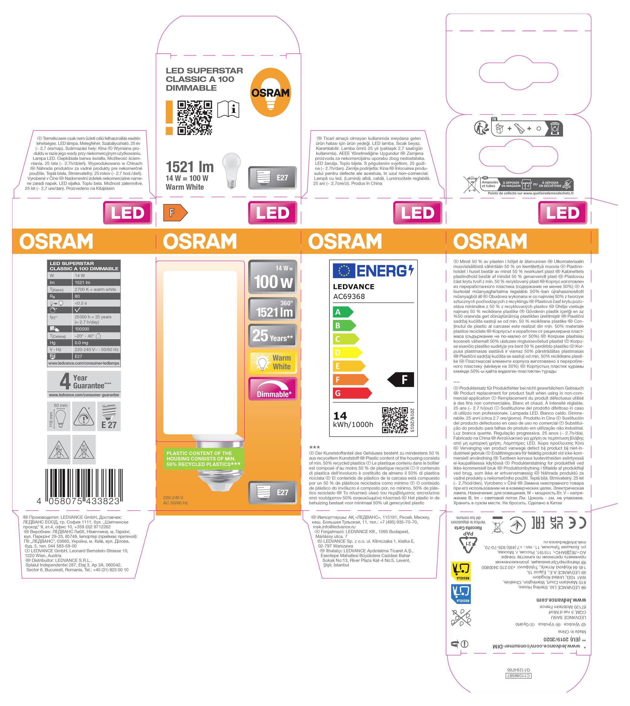 Koláž balení žiaroviek OSRAM LED s predným, zadným a bočným pohľadom etikiet s údajmi o výkone, svietivosti, energetickej triede a podrobnosťami produktu.