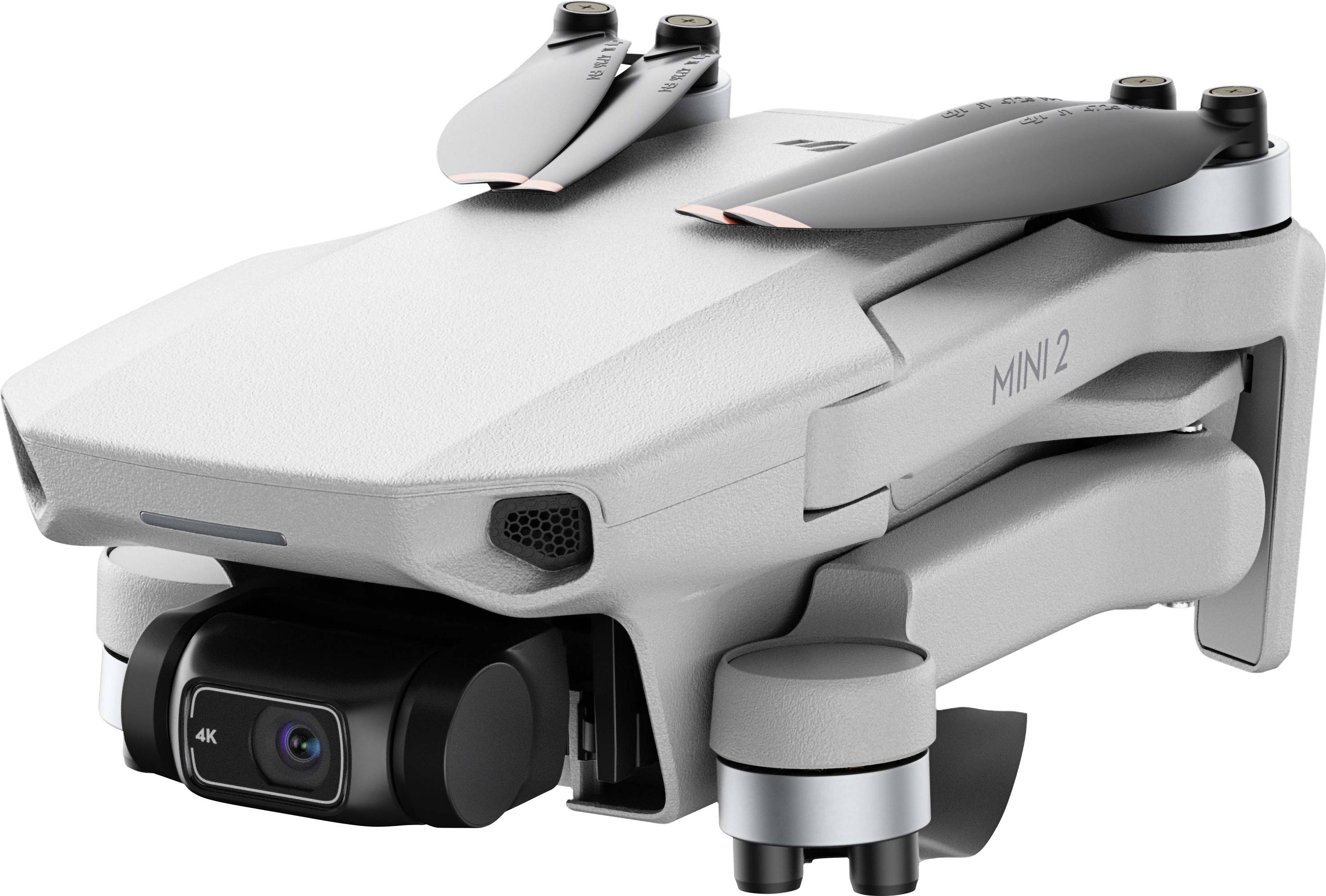 Kompaktná, sivá dron s 4K kamerou, zložená a pripravená na štart, na modeli je viditeľný nápis 'Mini 2'.