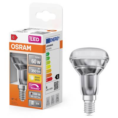 LED žiarovka s päticou E14, 5,9 W zodpovedá 60 W, 350 lm, teplá biela, CRI 90, stmievateľná. Energetická trieda G. Balenie zobrazuje značku OSRAM.
