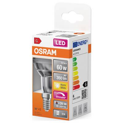 LED žiarovka od Osramu s výkonom 60W, teplým bielym svetlom, energetickou triedou G, stmievateľná, so soklom E14.