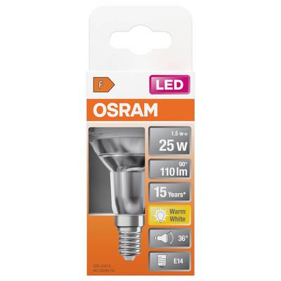 LED žiarovka OSRAM, 1,5 W = 25 W, 110 lm, teplá biela, E14, životnosť 15 rokov, uhol svietenia 36°, energetická trieda F.