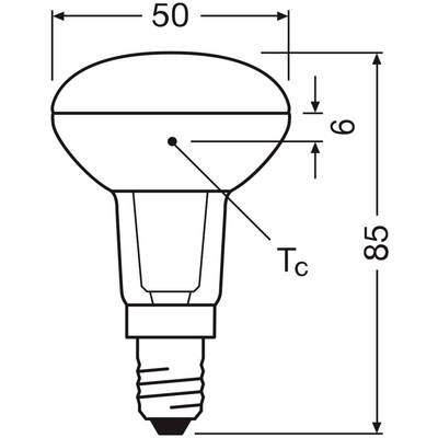 Diagram žiarovky s rozmermi: výška 85 mm, šírka 50 mm. Vzdialenosť od hornej hrany po meraciu čiaru 6 mm. Značkový bod Tc.