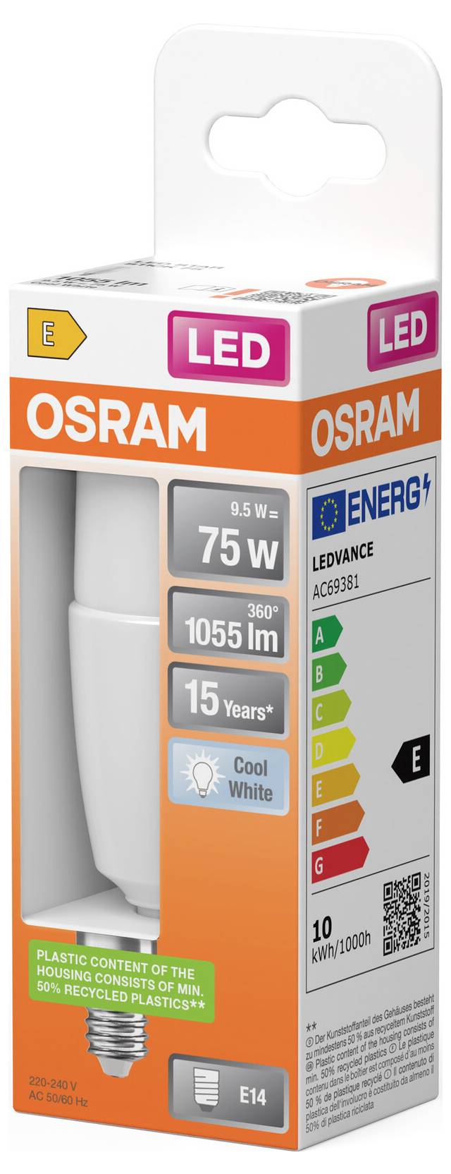 OSRAM LED žiarovka balenie s označením 9,5W, ekvivalent 75W, 1055 lm, studená biela, pätica E14, životnosť 15 rokov, energetická trieda E.