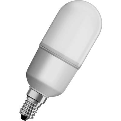 Biela LED žiarovka so soklom E14, v zvislej polohe. Energeticky úsporný svetelný zdroj valcovitého tvaru.