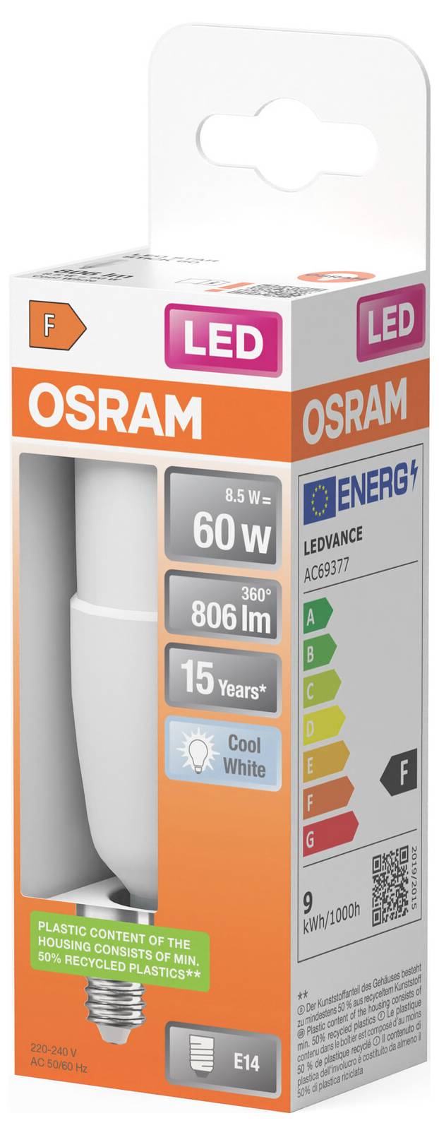 OSRAM LED svetelná žiarovka v maloobchodnom balení, zobrazujúca žiarovku s päticou B22, 806 lm, 8,5 W, životnosť 15 rokov, studená biela farba, pätica E14, energetická trieda F.