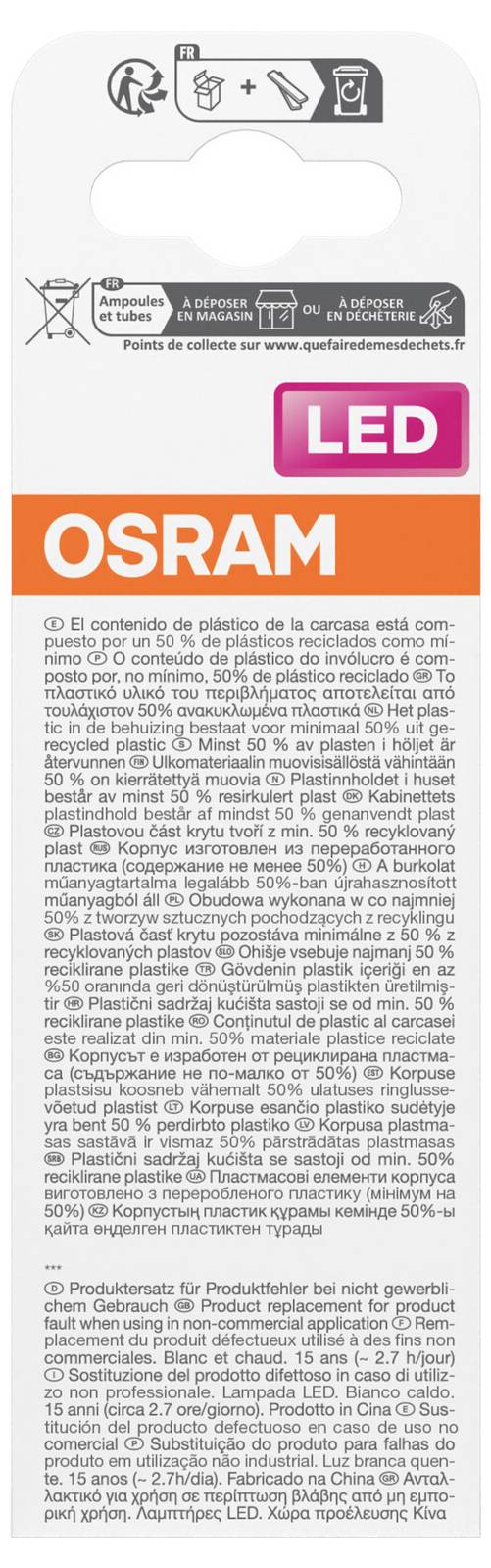 Balenie žiarovky OSRAM LED s ružovým štítkom LED, symbolmi recyklácie a viacjazyčným textom s informáciami o produkte.