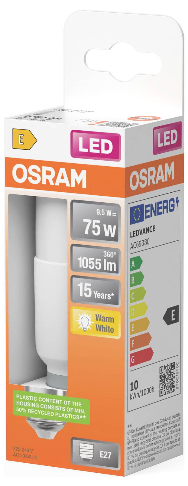 OSRAM LED žiarovka - balenie s 9,5W žiarovkou ekvivalentnou 75W s teplou bielou farbou, 1055 lm, pätica E27, životnosť 15 rokov a energetická trieda E.