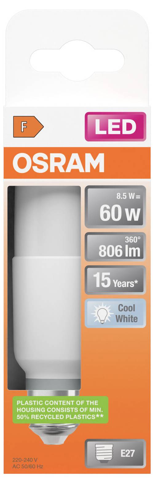 OSRAM LED žiarovka balenie s označením 60W ekvivalent, 806 lm, životnosť 15 rokov, chladná biela, pätica E27 a plastový obsah z minimálne 50% recyklovaného plastu.