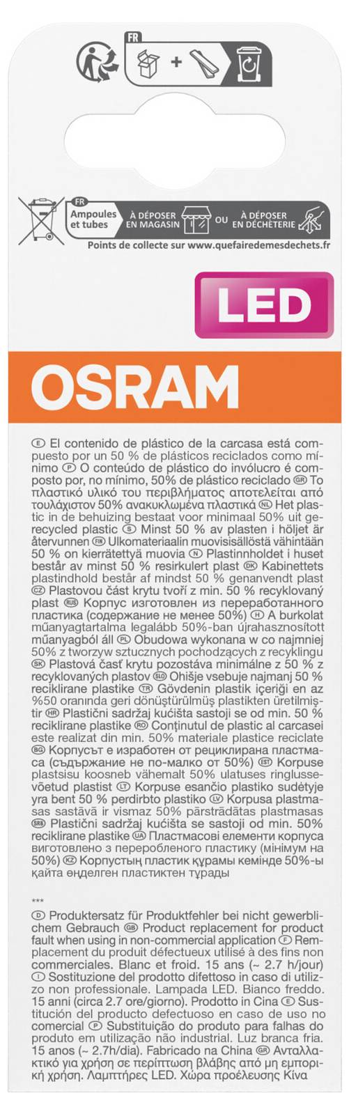 OSRAM LED žiarovka s balením s ikonami recyklácie a likvidácie, názvom produktu a viacjazyčným informačným textom na zadnej etikete.