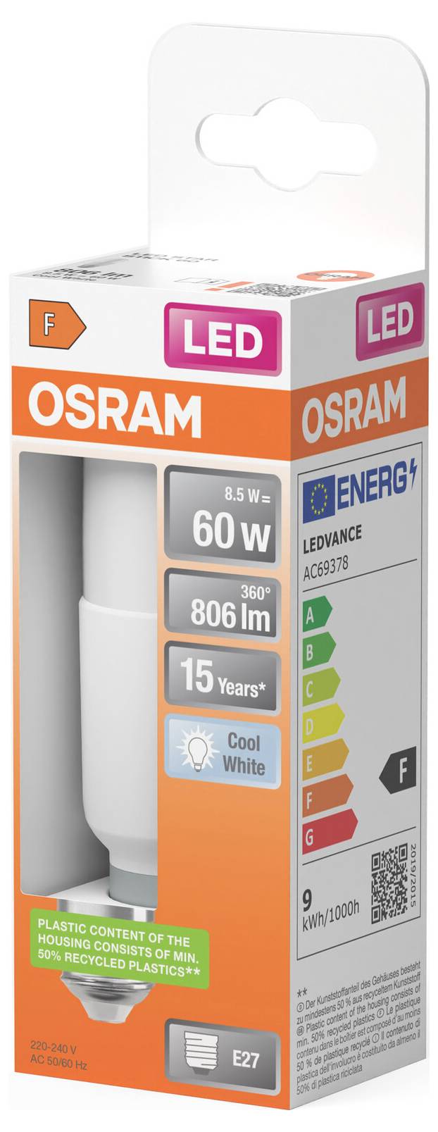 Balíček LED žiarovky OSRAM s 9W žiarovkou A60/B22, 806 lm, 15 rokov, chladná biela, energetická trieda F.