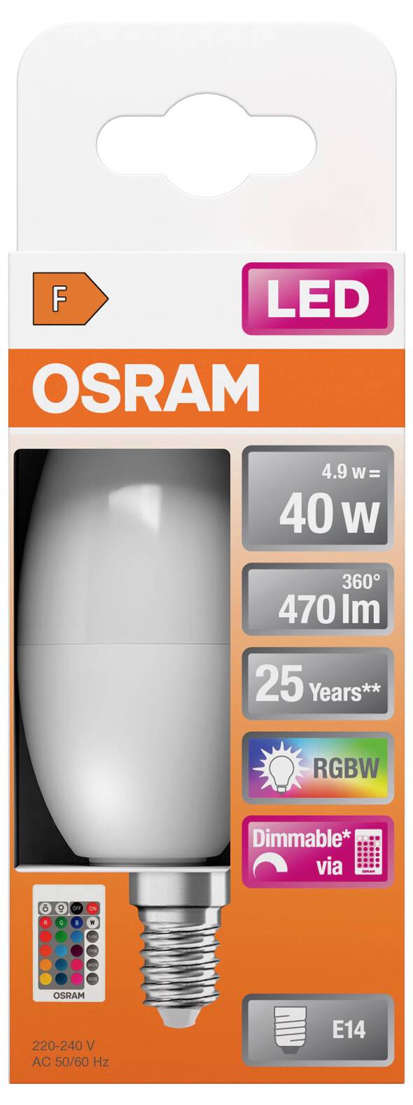 LED žiarovka značky Osram v balení. Trieda energetickej účinnosti F, 4,9 wattu, 470 lúmenov, stmievateľná, RGBW meniaca farbu, pätica E14.