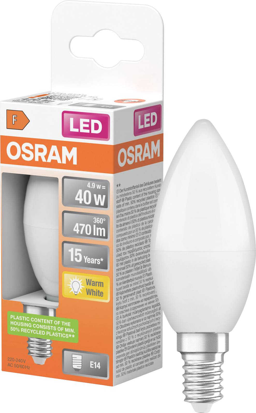 Osram LED sviečková žiarovka v maloobchodnom balení, označená ako ekvivalent 40W, 470 lm, 15 rokov, teplá biela, patice E14