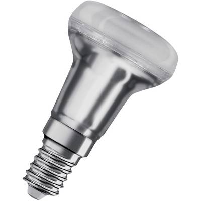Strieborná LED žiarovka so závitom E14, zobrazená šikmo na bielom pozadí.