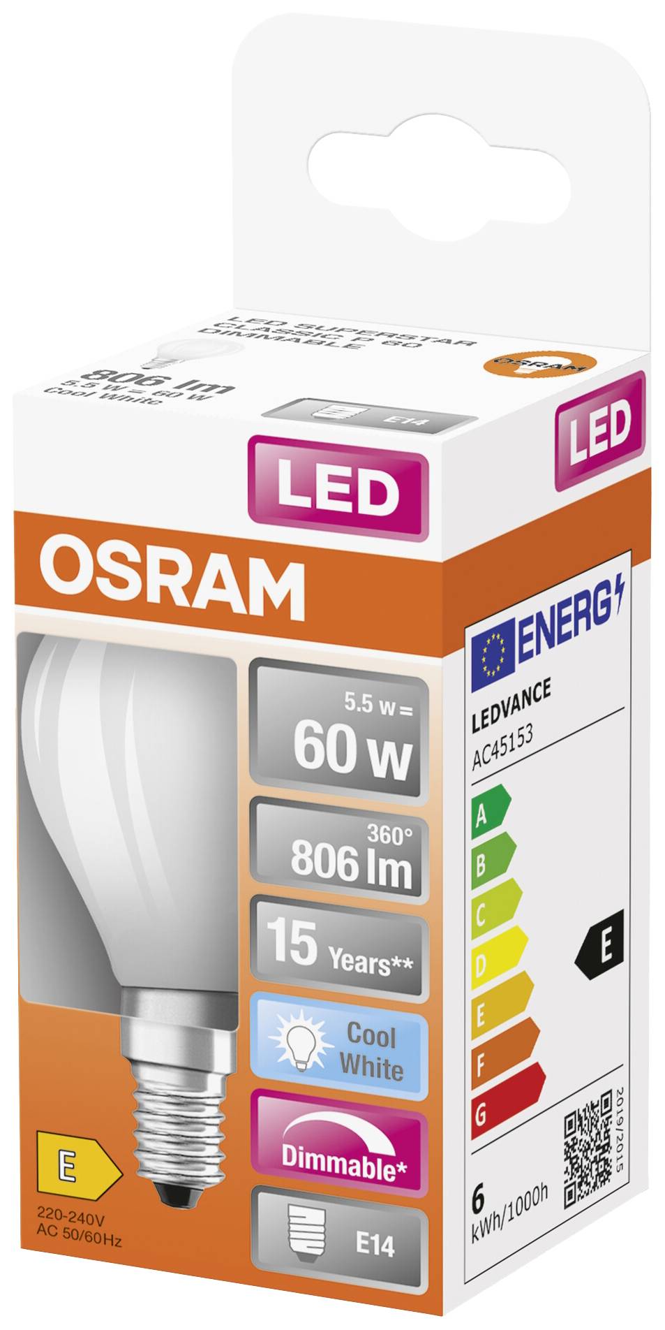 'Osram LED žiarovka, 5,5 W, náhrada za 60 W, 806 lúmenov, pätica E14, stmievateľná, životnosť 15 rokov, energetická trieda E.'