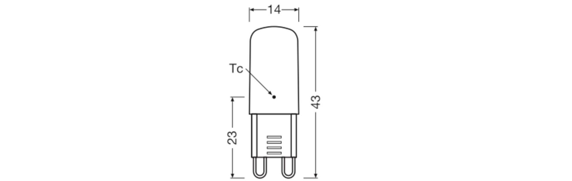 Diagram LED žiarovky s rozmermi: výška 43 mm, šírka 14 mm, bod 'Tc' vyznačený v strede.