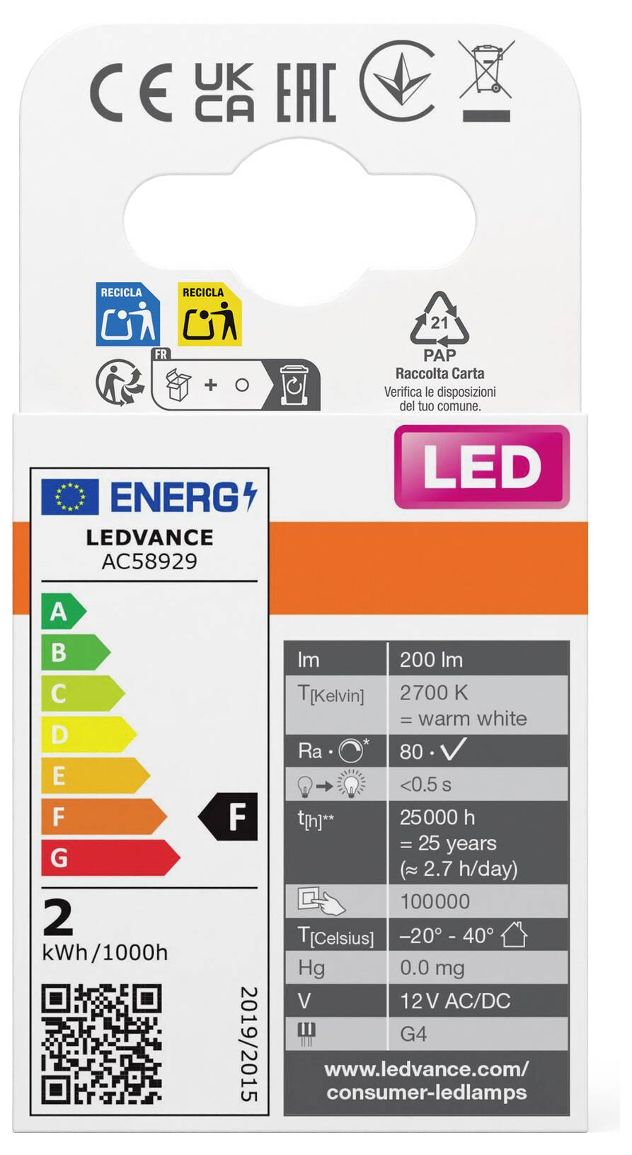 Energetický štítok pre LED svietidlo, trieda F. Detaily: Spotreba energie 2 kWh/1000h, teplota svetla 2700 K, životnosť 25 000 h.