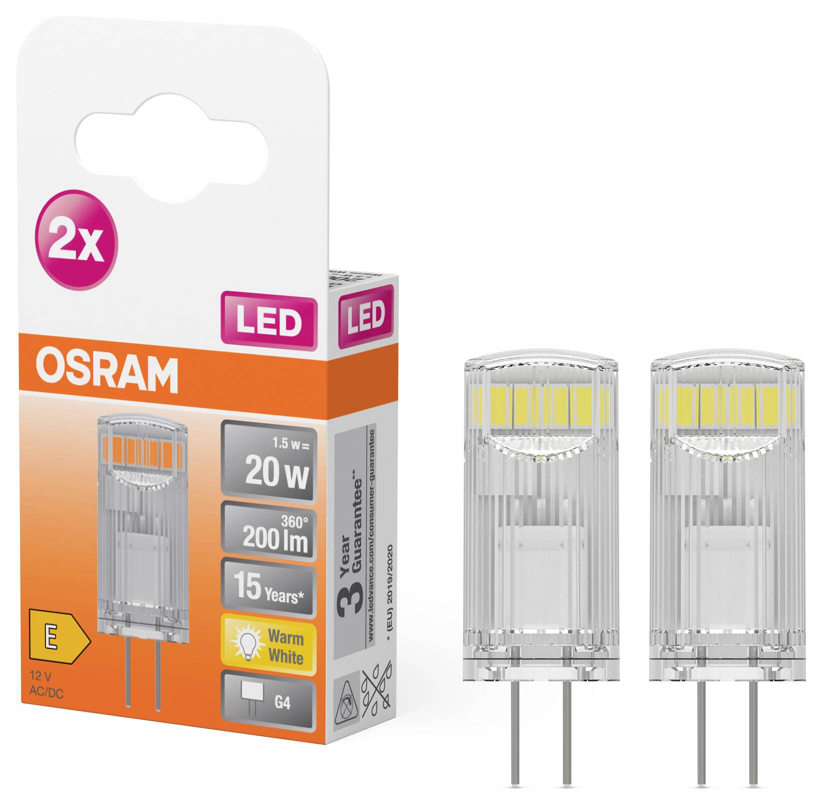 Dve LED lampy Osram G4, 12V, 1,5W, s 200 lumenmi a teplým bielym svetlom, v balení zdôrazňujúcom úsporné vlastnosti.
