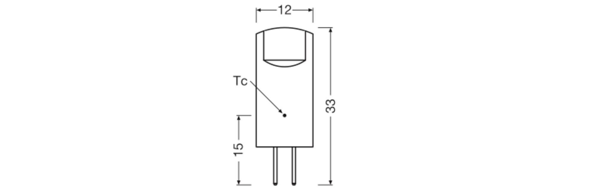Diagram LED žiarovky; zobrazuje celkovú dĺžku 33 mm, šírku 12 mm, vzdialenosť od bodu Tc po základňu 15 mm.