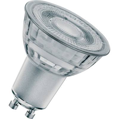 LED reflektor s päticou GU10; priesvitný sklenený kryt a strieborný podstavec. Vhodný pre úsporné osvetlenie.
